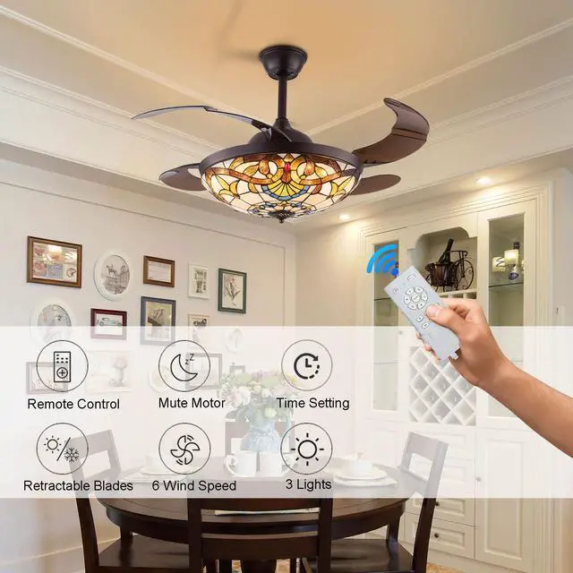 Alt view image 2 of 6 - 42 Inch Tiffany Style Invisible Ceiling Fan with Lights and Remote Control,Stained Glass Ceiling Fan Vintage Chandelier with Retractable Reverse Blades 6 Speeds 3 Light for Bedroom Living Room
