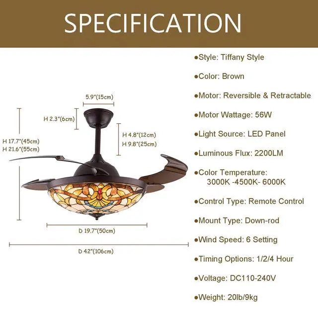Alt view image 3 of 6 - 42 Inch Tiffany Style Invisible Ceiling Fan with Lights and Remote Control,Stained Glass Ceiling Fan Vintage Chandelier with Retractable Reverse Blades 6 Speeds 3 Light for Bedroom Living Room