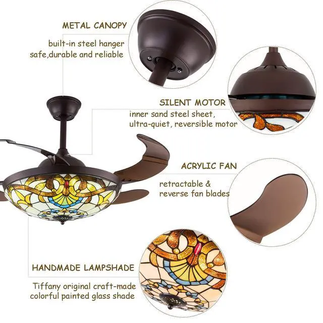 Alt view image 4 of 6 - 42 Inch Tiffany Style Invisible Ceiling Fan with Lights and Remote Control,Stained Glass Ceiling Fan Vintage Chandelier with Retractable Reverse Blades 6 Speeds 3 Light for Bedroom Living Room
