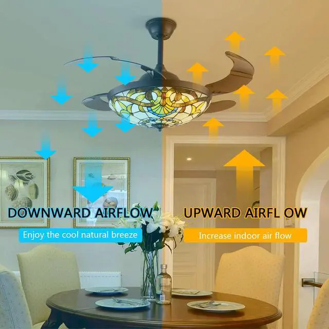 Alt view image 5 of 6 - 42 Inch Tiffany Style Invisible Ceiling Fan with Lights and Remote Control,Stained Glass Ceiling Fan Vintage Chandelier with Retractable Reverse Blades 6 Speeds 3 Light for Bedroom Living Room