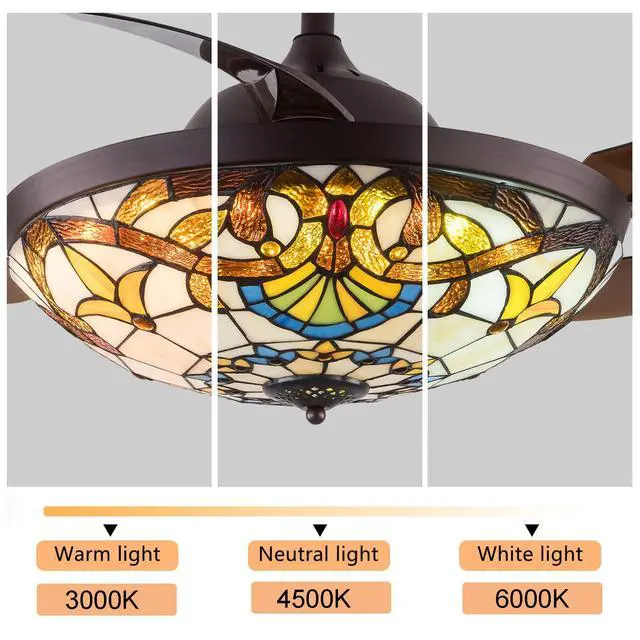 Alt view image 6 of 6 - 42 Inch Tiffany Style Invisible Ceiling Fan with Lights and Remote Control,Stained Glass Ceiling Fan Vintage Chandelier with Retractable Reverse Blades 6 Speeds 3 Light for Bedroom Living Room