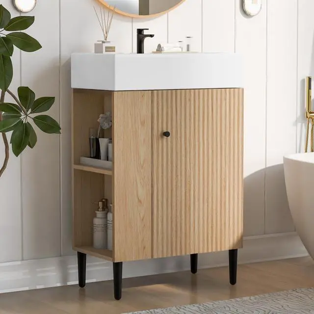Main image of 21.6" Small Bathroom Vanity with Sink, Narrow Depth Bathroom Vanity with Soft-Close Door & Left Side Shelf, Wooden Freestanding Bathroom Sink Cabinet with Ceramic Sink, Natural
