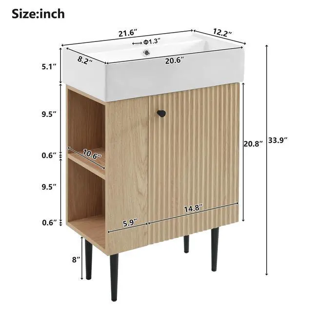 Alt view image 2 of 6 - 21.6" Small Bathroom Vanity with Sink, Narrow Depth Bathroom Vanity with Soft-Close Door & Left Side Shelf, Wooden Freestanding Bathroom Sink Cabinet with Ceramic Sink, Natural