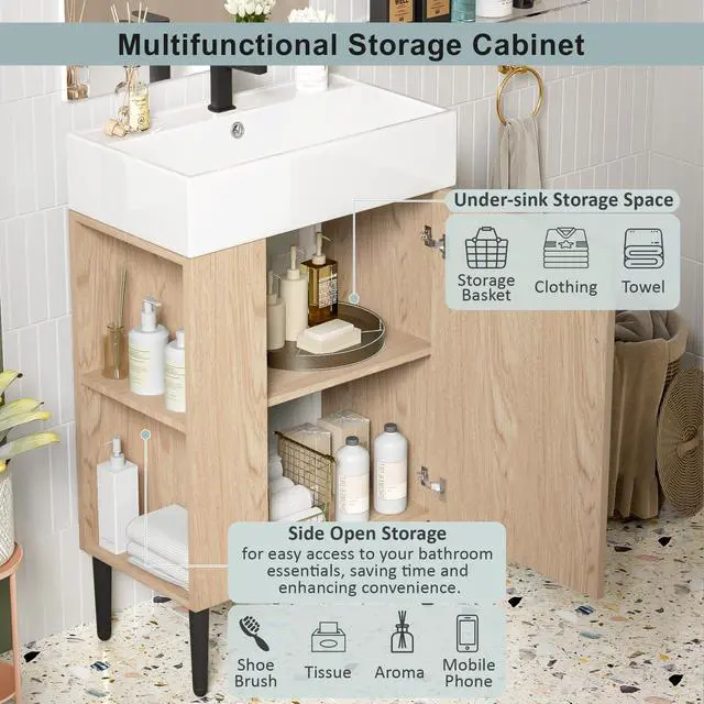 Alt view image 3 of 6 - 21.6" Small Bathroom Vanity with Sink, Narrow Depth Bathroom Vanity with Soft-Close Door & Left Side Shelf, Wooden Freestanding Bathroom Sink Cabinet with Ceramic Sink, Natural