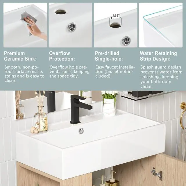 Alt view image 4 of 6 - 21.6" Small Bathroom Vanity with Sink, Narrow Depth Bathroom Vanity with Soft-Close Door & Left Side Shelf, Wooden Freestanding Bathroom Sink Cabinet with Ceramic Sink, Natural