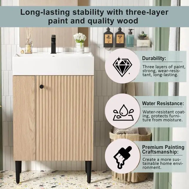 Alt view image 5 of 6 - 21.6" Small Bathroom Vanity with Sink, Narrow Depth Bathroom Vanity with Soft-Close Door & Left Side Shelf, Wooden Freestanding Bathroom Sink Cabinet with Ceramic Sink, Natural