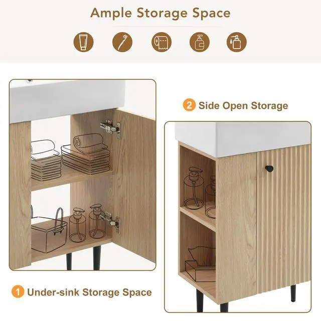 Alt view image 6 of 6 - 21.6" Small Bathroom Vanity with Sink, Narrow Depth Bathroom Vanity with Soft-Close Door & Left Side Shelf, Wooden Freestanding Bathroom Sink Cabinet with Ceramic Sink, Natural