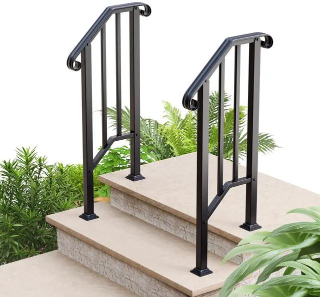 Main image of 2 Step Handrails for Outdoor Steps, Fit 1 or 2 Steps Outdoor Stair Railing for Concrete Steps, Black Wrought Iron Railing, Exterior Hand Railing for Steps Adjustable Metal Hand Rails for Deck Porch