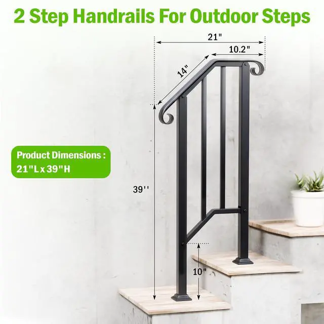 Alt view image 2 of 6 - 2 Step Handrails for Outdoor Steps, Fit 1 or 2 Steps Outdoor Stair Railing for Concrete Steps, Black Wrought Iron Railing, Exterior Hand Railing for Steps Adjustable Metal Hand Rails for Deck Porch