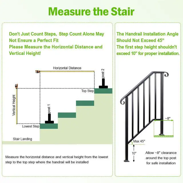 Alt view image 3 of 6 - 2 Step Handrails for Outdoor Steps, Fit 1 or 2 Steps Outdoor Stair Railing for Concrete Steps, Black Wrought Iron Railing, Exterior Hand Railing for Steps Adjustable Metal Hand Rails for Deck Porch