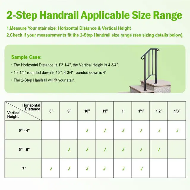 Alt view image 4 of 6 - 2 Step Handrails for Outdoor Steps, Fit 1 or 2 Steps Outdoor Stair Railing for Concrete Steps, Black Wrought Iron Railing, Exterior Hand Railing for Steps Adjustable Metal Hand Rails for Deck Porch