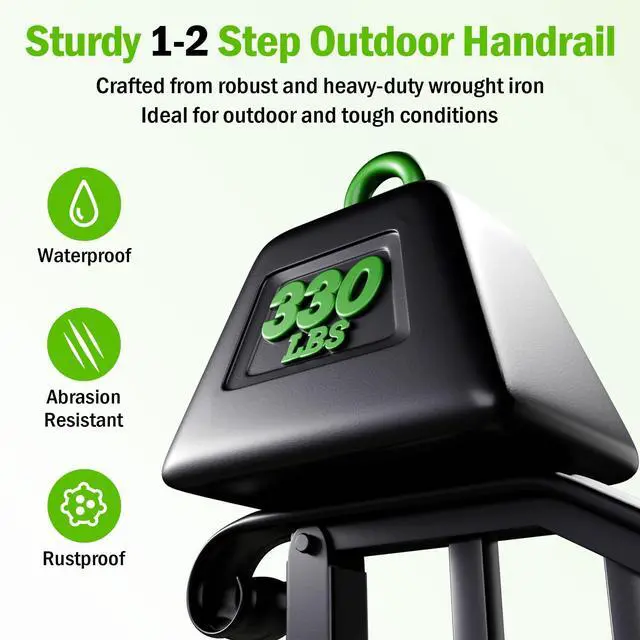 Alt view image 5 of 6 - 2 Step Handrails for Outdoor Steps, Fit 1 or 2 Steps Outdoor Stair Railing for Concrete Steps, Black Wrought Iron Railing, Exterior Hand Railing for Steps Adjustable Metal Hand Rails for Deck Porch