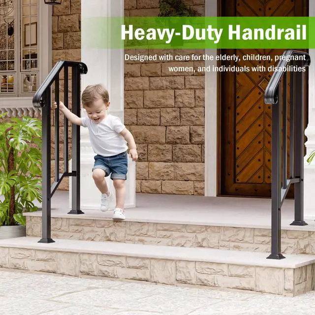 Alt view image 6 of 6 - 2 Step Handrails for Outdoor Steps, Fit 1 or 2 Steps Outdoor Stair Railing for Concrete Steps, Black Wrought Iron Railing, Exterior Hand Railing for Steps Adjustable Metal Hand Rails for Deck Porch