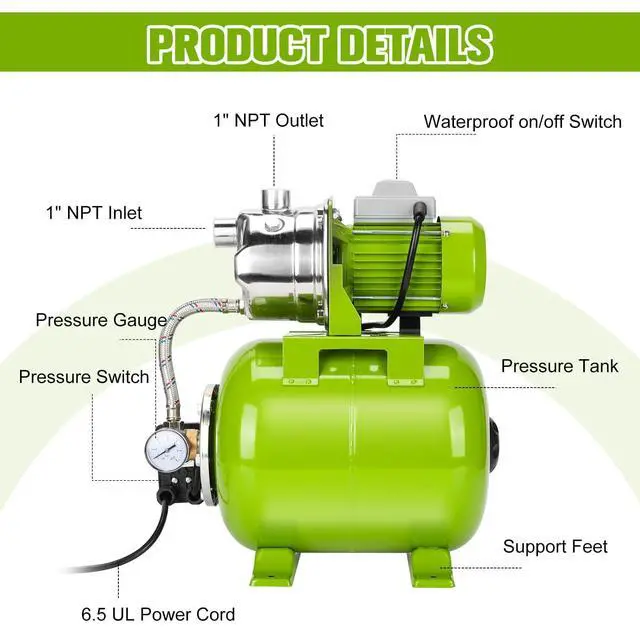 Alt view image 2 of 6 - 3/4HP Shallow Well Pump with Pressure Tank, 115V, Stainless Steel Irrigation, Automatic Water Booster Jet Pump for Home, Garden, and Lawn Use Reliable Water Supply Solution