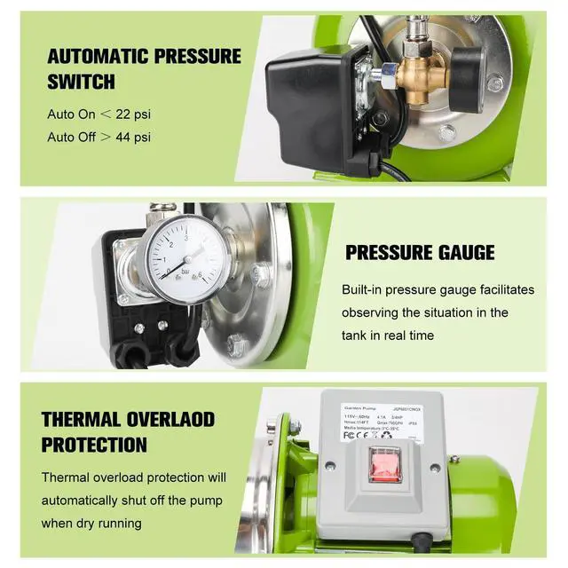 Alt view image 3 of 6 - 3/4HP Shallow Well Pump with Pressure Tank, 115V, Stainless Steel Irrigation, Automatic Water Booster Jet Pump for Home, Garden, and Lawn Use Reliable Water Supply Solution