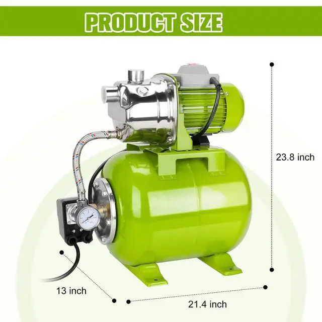 Alt view image 5 of 6 - 3/4HP Shallow Well Pump with Pressure Tank, 115V, Stainless Steel Irrigation, Automatic Water Booster Jet Pump for Home, Garden, and Lawn Use Reliable Water Supply Solution