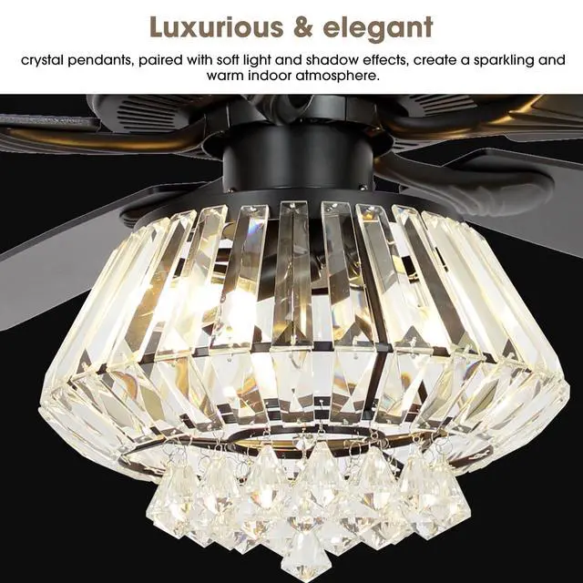 Alt view image 2 of 6 - Crystal Fandelier Ceiling Fan with Light 52 Inch Modern Farmhouse Ceiling Fans with Lights and Remote, Noiseless AC Motor, Crystal Chandeliers for Bedrooms