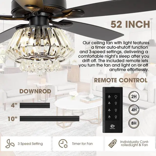 Alt view image 3 of 6 - Crystal Fandelier Ceiling Fan with Light 52 Inch Modern Farmhouse Ceiling Fans with Lights and Remote, Noiseless AC Motor, Crystal Chandeliers for Bedrooms