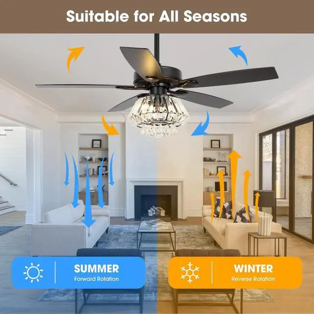 Alt view image 4 of 6 - Crystal Fandelier Ceiling Fan with Light 52 Inch Modern Farmhouse Ceiling Fans with Lights and Remote, Noiseless AC Motor, Crystal Chandeliers for Bedrooms