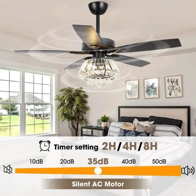Alt view image 5 of 6 - Crystal Fandelier Ceiling Fan with Light 52 Inch Modern Farmhouse Ceiling Fans with Lights and Remote, Noiseless AC Motor, Crystal Chandeliers for Bedrooms