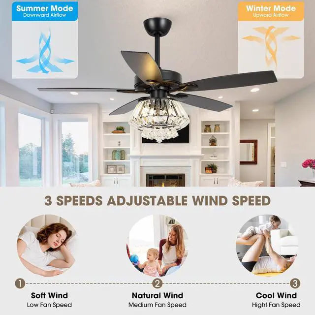 Alt view image 6 of 6 - Crystal Fandelier Ceiling Fan with Light 52 Inch Modern Farmhouse Ceiling Fans with Lights and Remote, Noiseless AC Motor, Crystal Chandeliers for Bedrooms