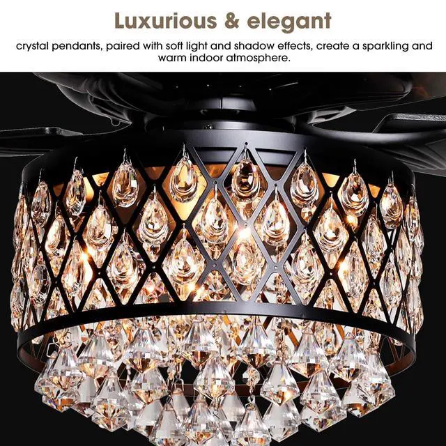Alt view image 2 of 6 - Fandelier Ceiling Fan with Light 52 Inch Rustic Farmhouse Ceiling Fans with Lights and Remote, Quiet Reversible Motor, Modern Crystal Chandeliers for Bedrooms