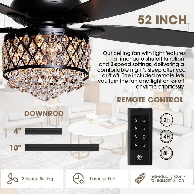 Alt view image 3 of 6 - Fandelier Ceiling Fan with Light 52 Inch Rustic Farmhouse Ceiling Fans with Lights and Remote, Quiet Reversible Motor, Modern Crystal Chandeliers for Bedrooms