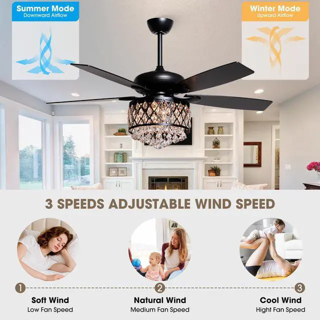 Alt view image 4 of 6 - Fandelier Ceiling Fan with Light 52 Inch Rustic Farmhouse Ceiling Fans with Lights and Remote, Quiet Reversible Motor, Modern Crystal Chandeliers for Bedrooms