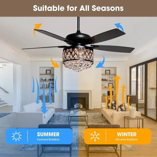 Alt view image 5 of 6 - Fandelier Ceiling Fan with Light 52 Inch Rustic Farmhouse Ceiling Fans with Lights and Remote, Quiet Reversible Motor, Modern Crystal Chandeliers for Bedrooms