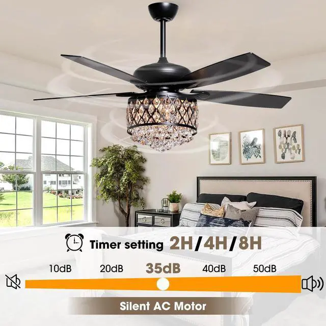 Alt view image 6 of 6 - Fandelier Ceiling Fan with Light 52 Inch Rustic Farmhouse Ceiling Fans with Lights and Remote, Quiet Reversible Motor, Modern Crystal Chandeliers for Bedrooms