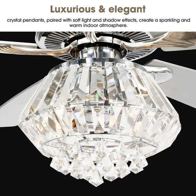Alt view image 2 of 6 - Crystal Fandelier Ceiling Fan with Light 52 Inch Ceiling Fans with Lights and Remote, Noiseless AC Motor, Modern Chandeliers Fans for Living Room