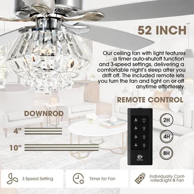 Alt view image 3 of 6 - Crystal Fandelier Ceiling Fan with Light 52 Inch Ceiling Fans with Lights and Remote, Noiseless AC Motor, Modern Chandeliers Fans for Living Room