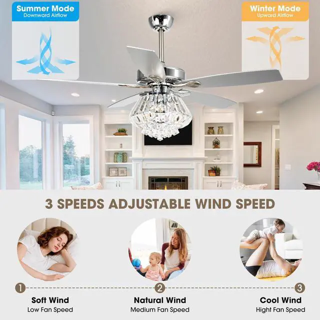 Alt view image 4 of 6 - Crystal Fandelier Ceiling Fan with Light 52 Inch Ceiling Fans with Lights and Remote, Noiseless AC Motor, Modern Chandeliers Fans for Living Room