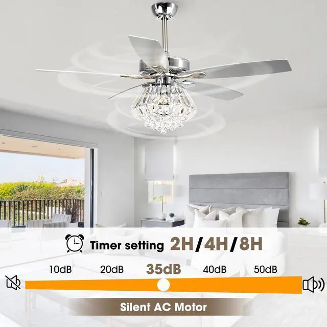 Alt view image 6 of 6 - Crystal Fandelier Ceiling Fan with Light 52 Inch Ceiling Fans with Lights and Remote, Noiseless AC Motor, Modern Chandeliers Fans for Living Room