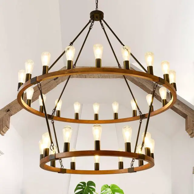 Main image of Rustic Wagon Wheel Chandeliers 2 Tier, 32 Lights Round Hanging Pendant Light Fixture, Farmhouse Wagon Wheel Chandelier for Dining Room Entryway Kitchen Island Foyer