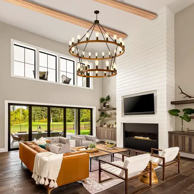 Alt view image 2 of 6 - Rustic Wagon Wheel Chandeliers 2 Tier, 32 Lights Round Hanging Pendant Light Fixture, Farmhouse Wagon Wheel Chandelier for Dining Room Entryway Kitchen Island Foyer