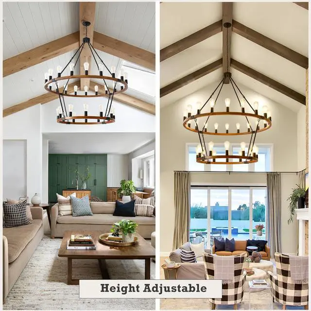 Alt view image 3 of 6 - Rustic Wagon Wheel Chandeliers 2 Tier, 32 Lights Round Hanging Pendant Light Fixture, Farmhouse Wagon Wheel Chandelier for Dining Room Entryway Kitchen Island Foyer