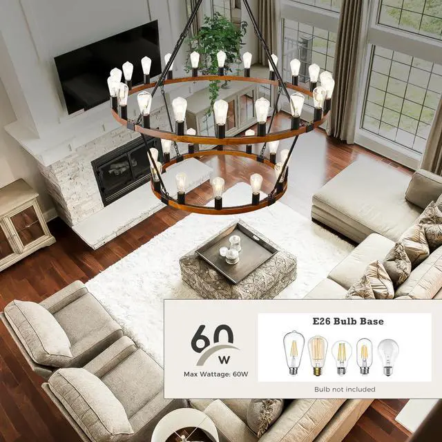 Alt view image 5 of 6 - Rustic Wagon Wheel Chandeliers 2 Tier, 32 Lights Round Hanging Pendant Light Fixture, Farmhouse Wagon Wheel Chandelier for Dining Room Entryway Kitchen Island Foyer