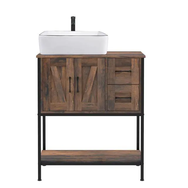 Alt view image 3 of 6 - Bathroom Vanity, 30" Rustic Brown Bathroom Vanity with Sink Combo Set, Farmhouse Modern Wood Cabinet with White Ceramic Vessel Sink