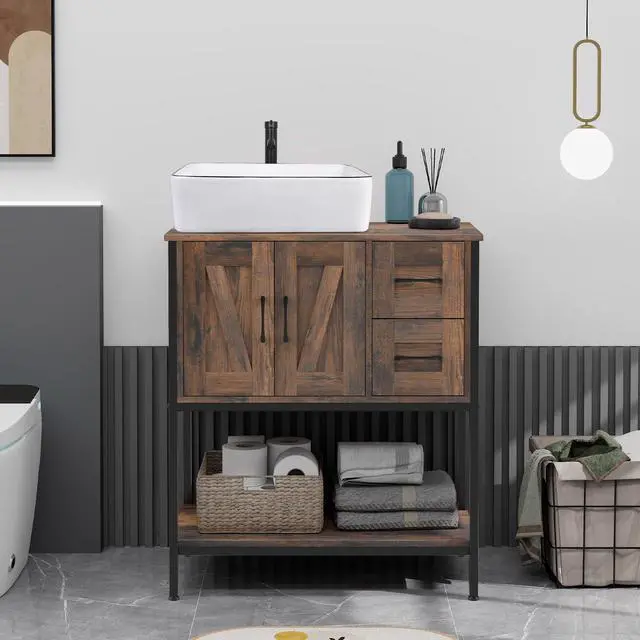 Alt view image 6 of 6 - Bathroom Vanity, 30" Rustic Brown Bathroom Vanity with Sink Combo Set, Farmhouse Modern Wood Cabinet with White Ceramic Vessel Sink