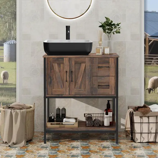 Main image of Bathroom Vanity, 30" Rustic Brown Bathroom Vanity with Sink Combo Set, Farmhouse Modern Wood Bathroom Cabinet with Black Ceramic Vessel Sink