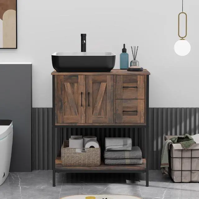 Alt view image 3 of 6 - Bathroom Vanity, 30" Rustic Brown Bathroom Vanity with Sink Combo Set, Farmhouse Modern Wood Bathroom Cabinet with Black Ceramic Vessel Sink
