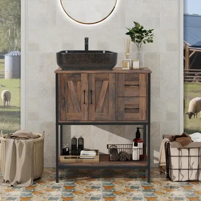 Main image of Bathroom Vanity, 30" Rustic Brown Bathroom Vanity with Sink Combo Set, Farmhouse Modern Wood Cabinet with Black Art Ceramic Vessel Sink