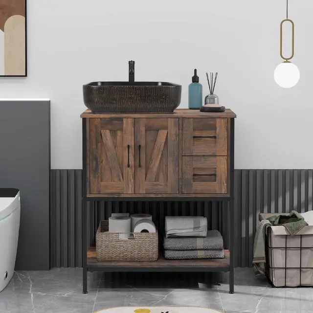 Alt view image 3 of 6 - Bathroom Vanity, 30" Rustic Brown Bathroom Vanity with Sink Combo Set, Farmhouse Modern Wood Cabinet with Black Art Ceramic Vessel Sink