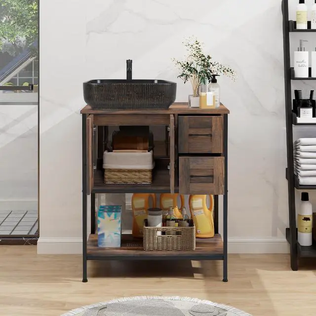 Alt view image 6 of 6 - Bathroom Vanity, 30" Rustic Brown Bathroom Vanity with Sink Combo Set, Farmhouse Modern Wood Cabinet with Black Art Ceramic Vessel Sink
