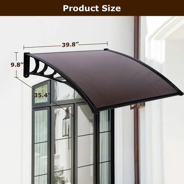 Alt view image 5 of 6 - 2 Pcs 40"x40" Window Awning Door Canopy Exterior, Polycarbonate Cover Awnings for Doors Entrance, Front Door Overhang Awning for Sun Shutter, UV, Rain and Snow Protection, Brown