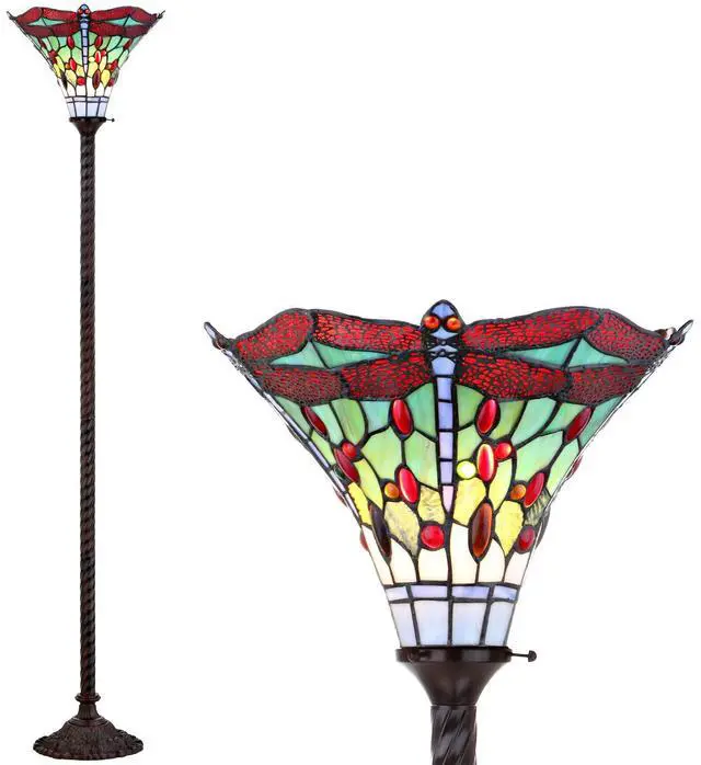 Main image of 71" Bronze/Red Dragonfly Tiffany-Style LED Floor Lamp, Traditional Standing Light for Living Room, Multi-Color Stained Glass Shade, LED Bulb Included JYL8002A