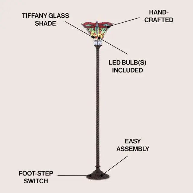 Alt view image 2 of 6 - 71" Bronze/Red Dragonfly Tiffany-Style LED Floor Lamp, Traditional Standing Light for Living Room, Multi-Color Stained Glass Shade, LED Bulb Included JYL8002A
