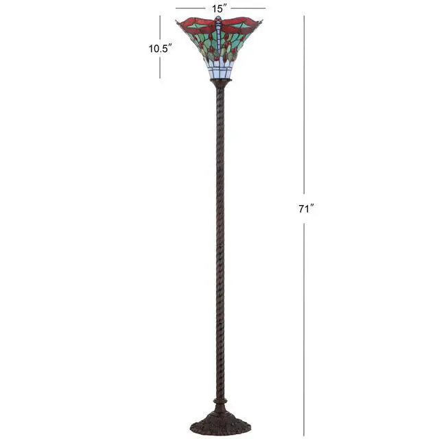 Alt view image 4 of 6 - 71" Bronze/Red Dragonfly Tiffany-Style LED Floor Lamp, Traditional Standing Light for Living Room, Multi-Color Stained Glass Shade, LED Bulb Included JYL8002A