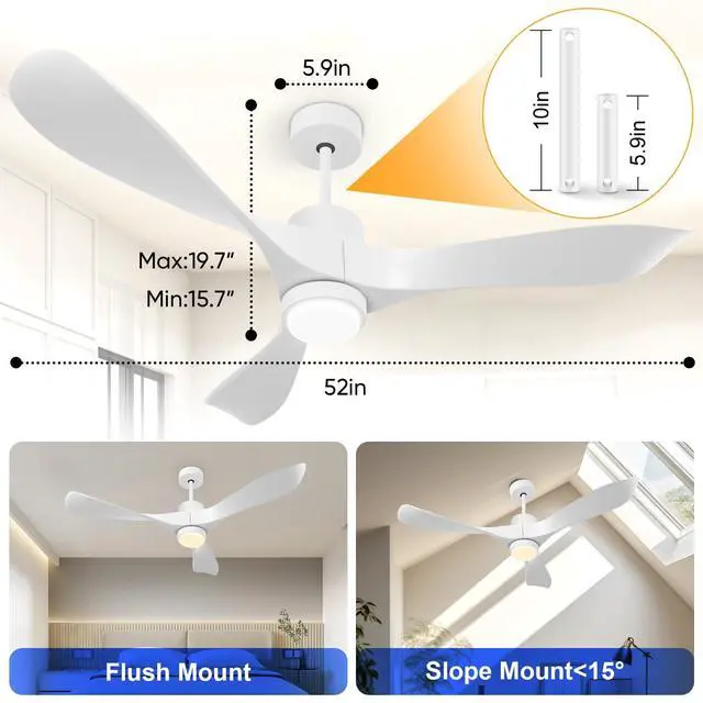 Alt view image 5 of 6 - 52" Smart Low Profile Ceiling Fans with Lights and Remote, Flush Mount Ceiling Fan Control with WIFI/APP/Alexa/Google, Outdoor Indoor White Ceiling Fan with Light for Bedroom Living Room